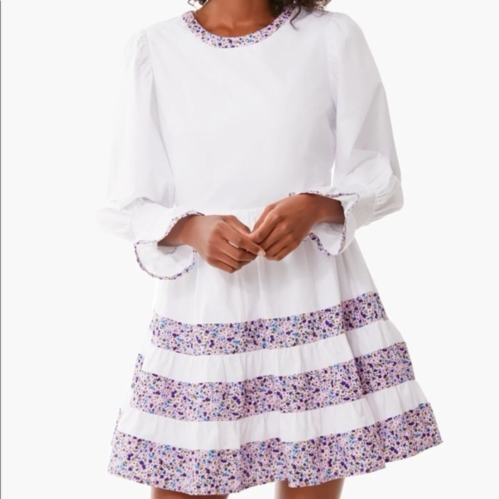 Tuckernuck White Long-Sleeve Dress with Purple Floral Trim